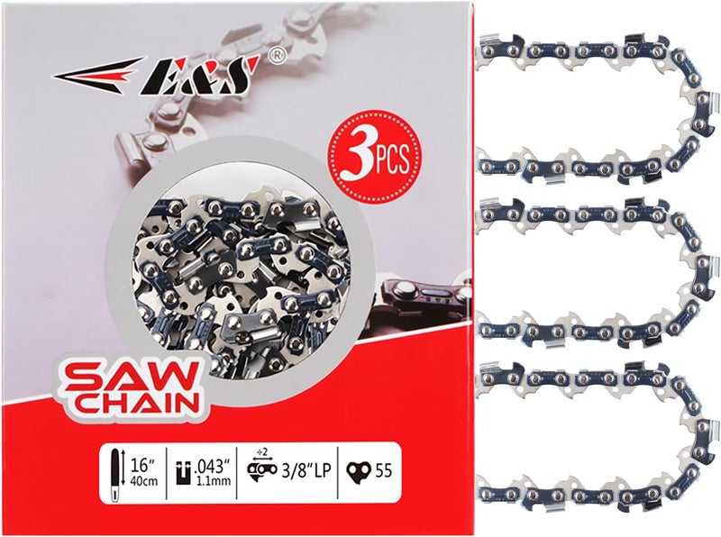 ES 3 Pack 16 Inch Chainsaw Chain 3/8" LP Pitch .043" Gauge 55 Drive Links Semi-Chisel Chain Saw Chains for Husqvarna, Poulan, Craftsman, Greenworks and More Chainsaw Brands - Image 1